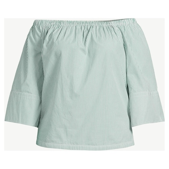 Free Assembly Top Cotton Green White Striped Off Shoulder Shirt Sz XXXL - Picture 1 of 7